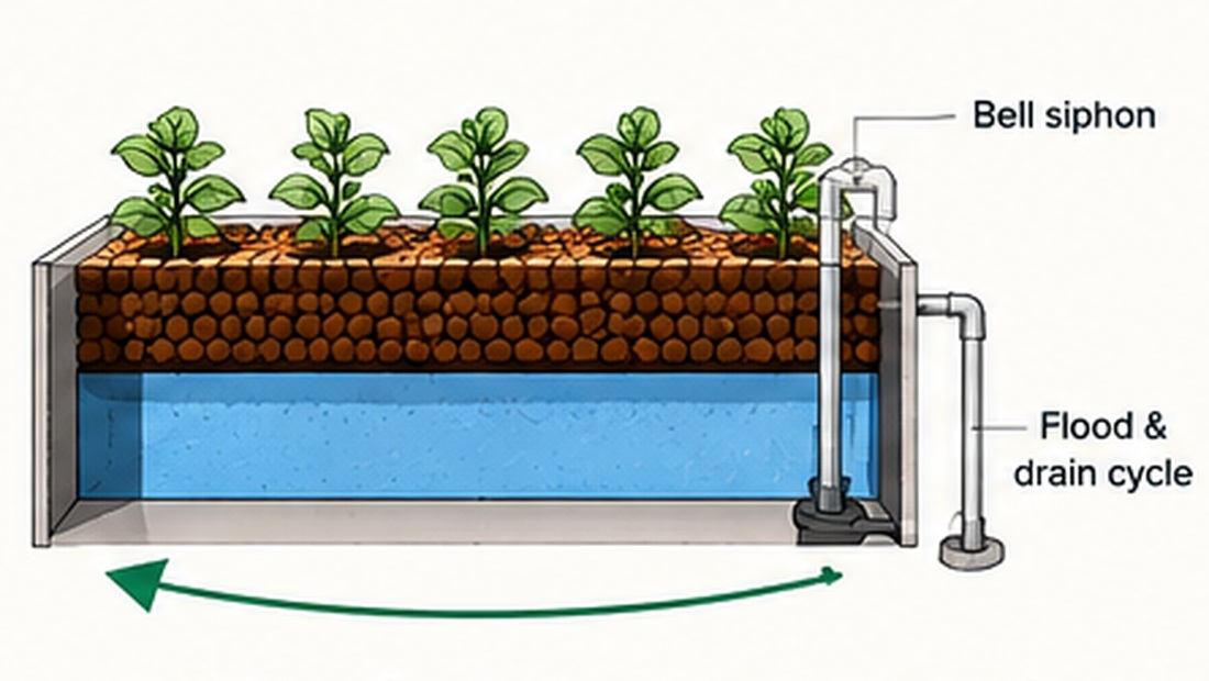 Diagram showing an ebb and flow aquaponics media bed flooding and draining through a bell siphon