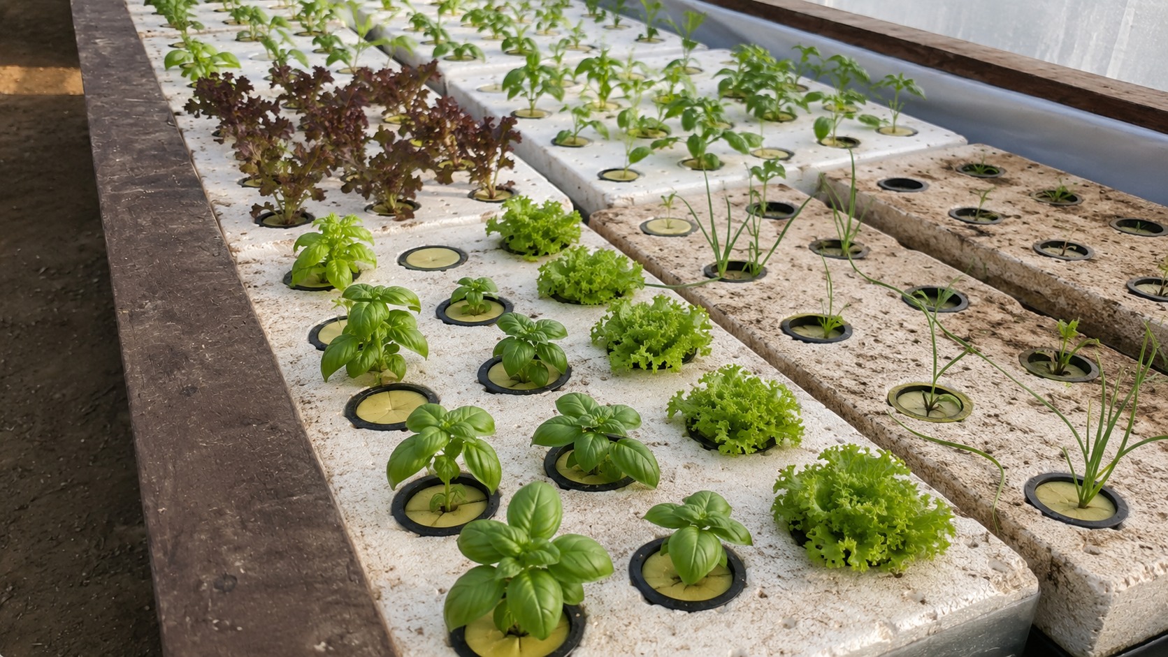 Basil and leafy greens growing in an aquaponics raft system